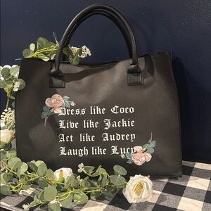 Elegant Black Tote Bag with Floral Design
